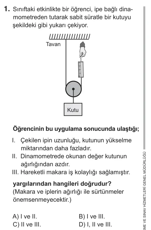 8. Sınıf Fen Bilimleri 2018 İOKBS Bursluluk Sınavı 1. Soru görseli