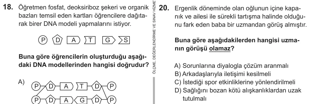 8. Sınıf Fen Bilimleri 2018 İOKBS Bursluluk Sınavı 20. Soru görseli