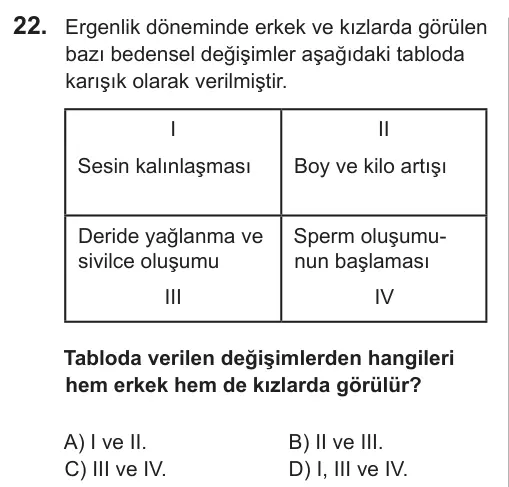 8. Sınıf Fen Bilimleri 2018 İOKBS Bursluluk Sınavı 22. Soru görseli