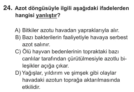 8. Sınıf Fen Bilimleri 2018 İOKBS Bursluluk Sınavı 24. Soru görseli