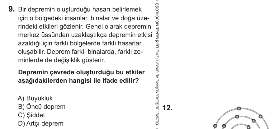 8. Sınıf Fen Bilimleri 2018 İOKBS Bursluluk Sınavı 9. Soru görseli