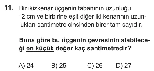 8. Sınıf Matematik 2018 İOKBS Bursluluk Sınavı 11. Soru görseli