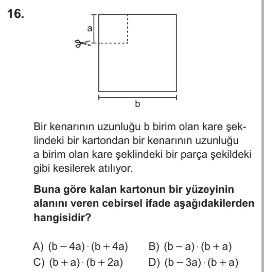 8. Sınıf Matematik 2018 İOKBS Bursluluk Sınavı 16. Soru görseli