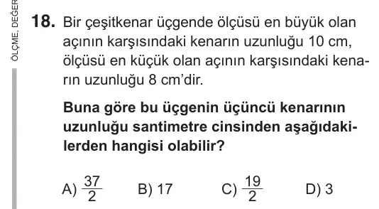 8. Sınıf Matematik 2018 İOKBS Bursluluk Sınavı 18. Soru görseli