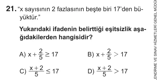 8. Sınıf Matematik 2018 İOKBS Bursluluk Sınavı 21. Soru görseli