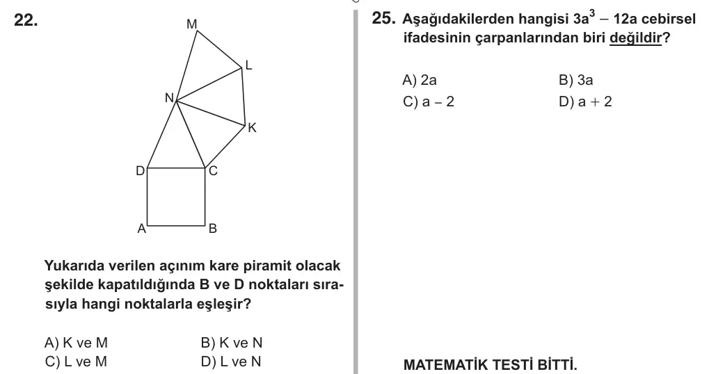 8. Sınıf Matematik 2018 İOKBS Bursluluk Sınavı 22. Soru görseli