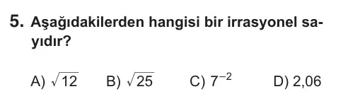8. Sınıf Matematik 2018 İOKBS Bursluluk Sınavı 5. Soru görseli