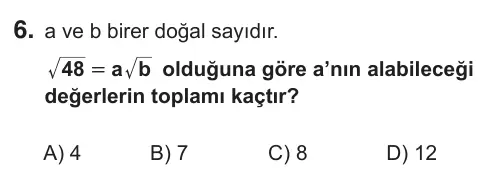 8. Sınıf Matematik 2018 İOKBS Bursluluk Sınavı 6. Soru görseli
