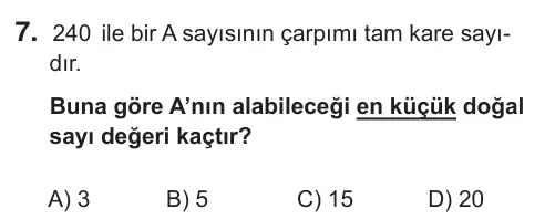 8. Sınıf Matematik 2018 İOKBS Bursluluk Sınavı 7. Soru görseli