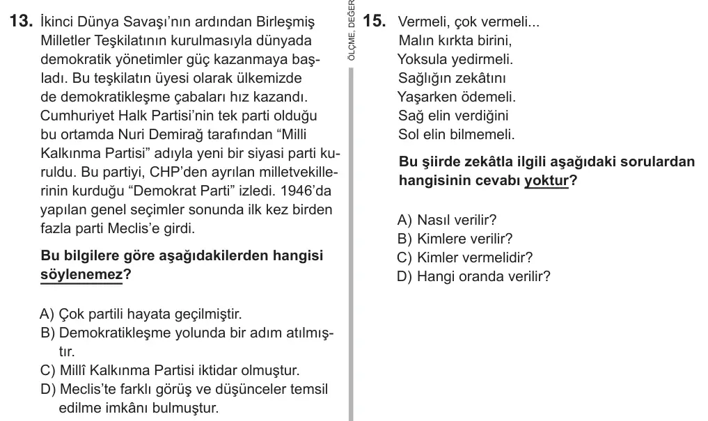 8. Sınıf Sosyal Bilgiler 2018 İOKBS Bursluluk Sınavı 13. Soru görseli (1/2)