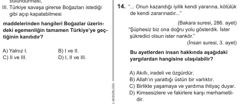 8. Sınıf Sosyal Bilgiler 2018 İOKBS Bursluluk Sınavı 14. Soru görseli
