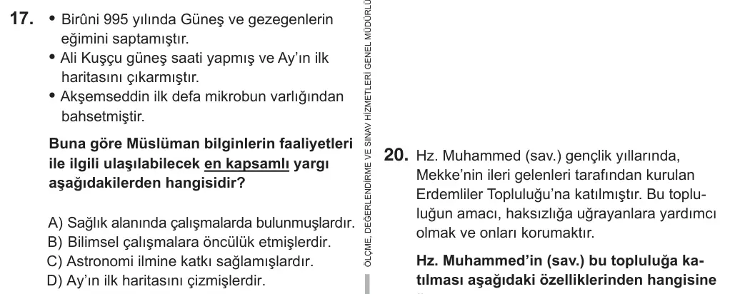 8. Sınıf Sosyal Bilgiler 2018 İOKBS Bursluluk Sınavı 17. Soru görseli