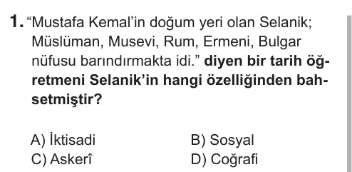 8. Sınıf Sosyal Bilgiler 2018 İOKBS Bursluluk Sınavı 1. Soru görseli