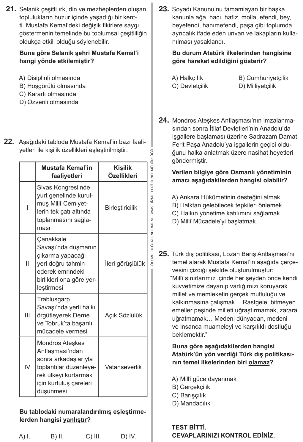 8. Sınıf Sosyal Bilgiler 2018 İOKBS Bursluluk Sınavı 25. Soru görseli (3/4)