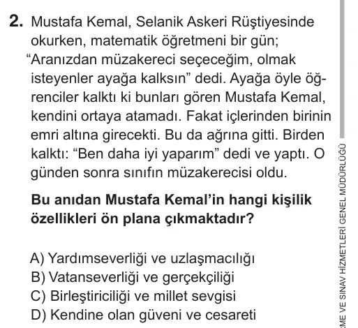 8. Sınıf Sosyal Bilgiler 2018 İOKBS Bursluluk Sınavı 2. Soru görseli