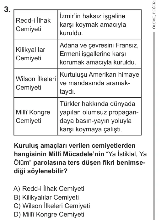 8. Sınıf Sosyal Bilgiler 2018 İOKBS Bursluluk Sınavı 3. Soru görseli