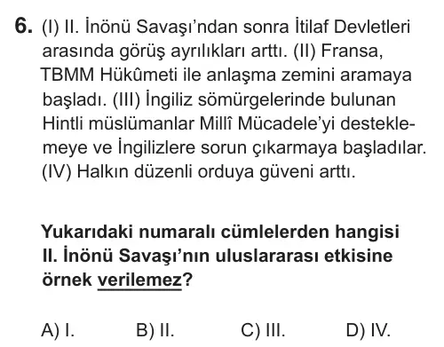 8. Sınıf Sosyal Bilgiler 2018 İOKBS Bursluluk Sınavı 6. Soru görseli