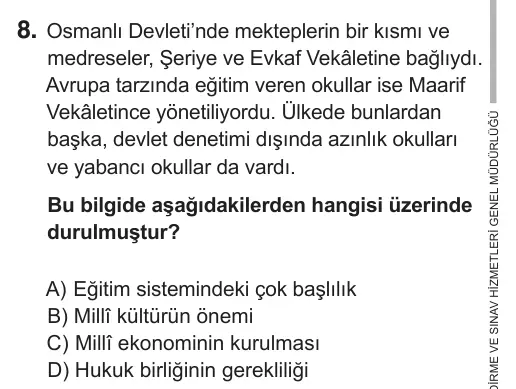 8. Sınıf Sosyal Bilgiler 2018 İOKBS Bursluluk Sınavı 8. Soru görseli