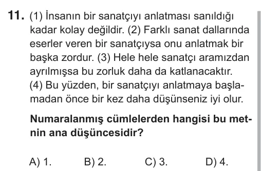 8. Sınıf Türkçe 2018 İOKBS Bursluluk Sınavı 11. Soru görseli