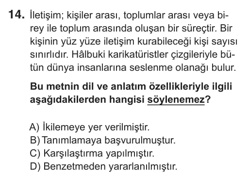 8. Sınıf Türkçe 2018 İOKBS Bursluluk Sınavı 14. Soru görseli