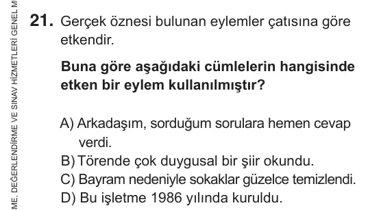 8. Sınıf Türkçe 2018 İOKBS Bursluluk Sınavı 21. Soru görseli