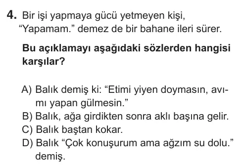 8. Sınıf Türkçe 2018 İOKBS Bursluluk Sınavı 4. Soru görseli