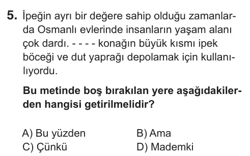 8. Sınıf Türkçe 2018 İOKBS Bursluluk Sınavı 5. Soru görseli