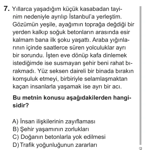 8. Sınıf Türkçe 2018 İOKBS Bursluluk Sınavı 7. Soru görseli