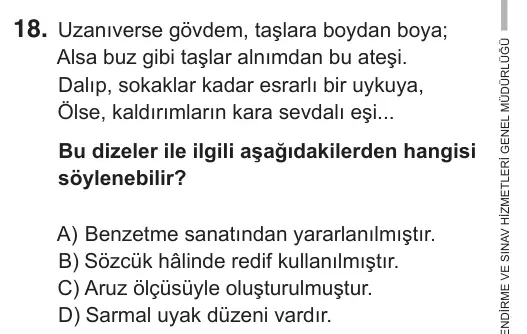 9, 10, 11. Sınıf Türk Dili ve Edebiyatı 2018 İOKBS Bursluluk Sınavı 18. Soru görseli