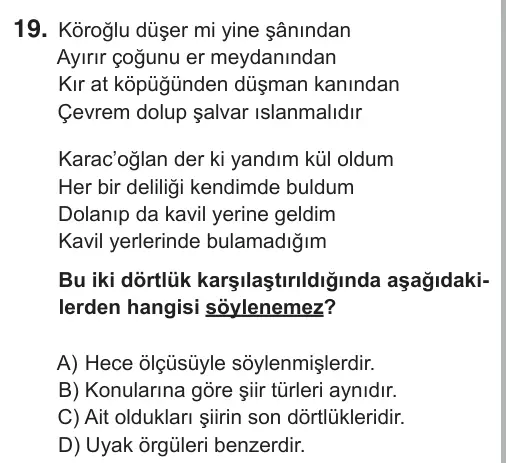 9, 10, 11. Sınıf Türk Dili ve Edebiyatı 2018 İOKBS Bursluluk Sınavı 19. Soru görseli