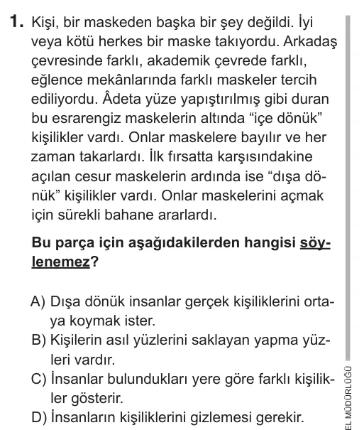 9, 10, 11. Sınıf Türk Dili ve Edebiyatı 2018 İOKBS Bursluluk Sınavı 1. Soru görseli