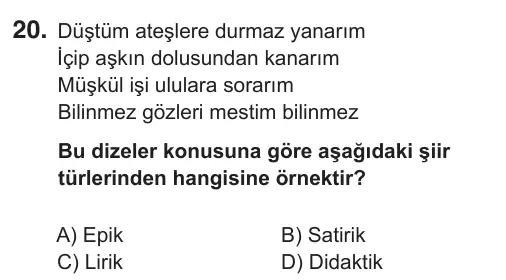 9, 10, 11. Sınıf Türk Dili ve Edebiyatı 2018 İOKBS Bursluluk Sınavı 20. Soru görseli