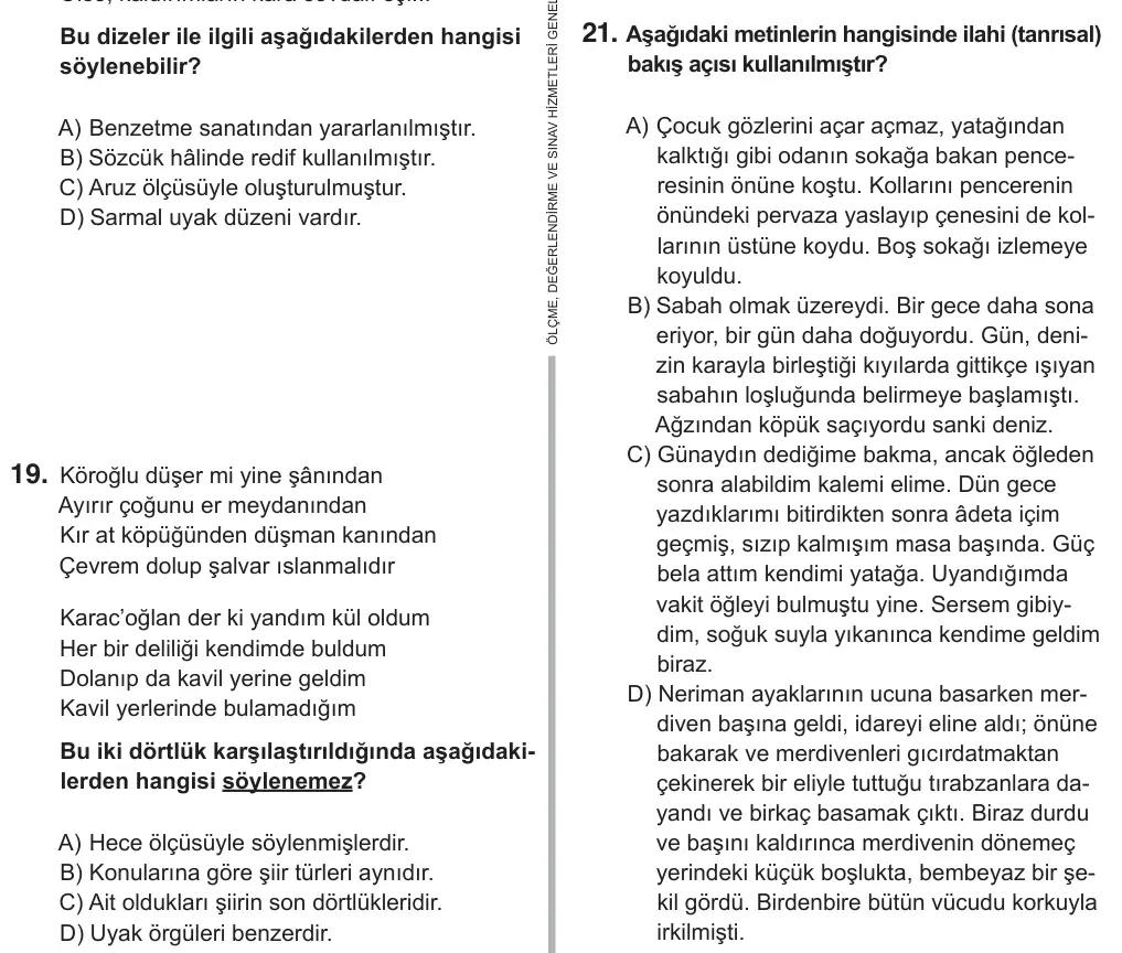 9, 10, 11. Sınıf Türk Dili ve Edebiyatı 2018 İOKBS Bursluluk Sınavı 21. Soru görseli