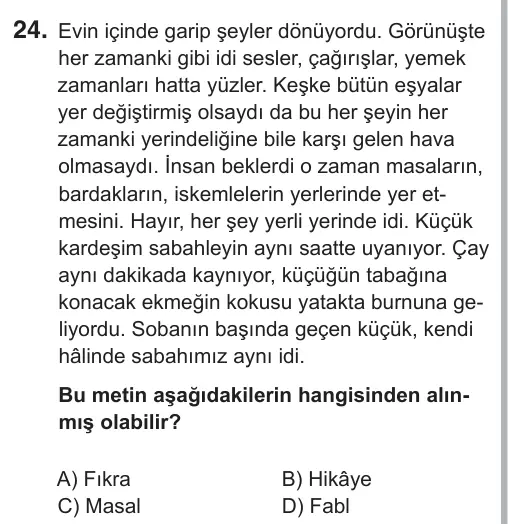 9, 10, 11. Sınıf Türk Dili ve Edebiyatı 2018 İOKBS Bursluluk Sınavı 24. Soru görseli