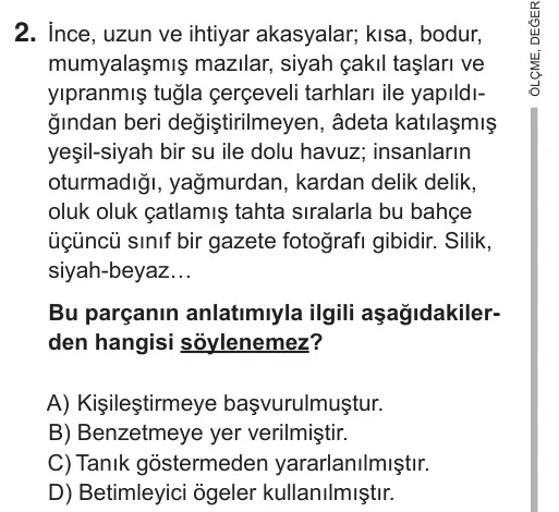 9, 10, 11. Sınıf Türk Dili ve Edebiyatı 2018 İOKBS Bursluluk Sınavı 2. Soru görseli