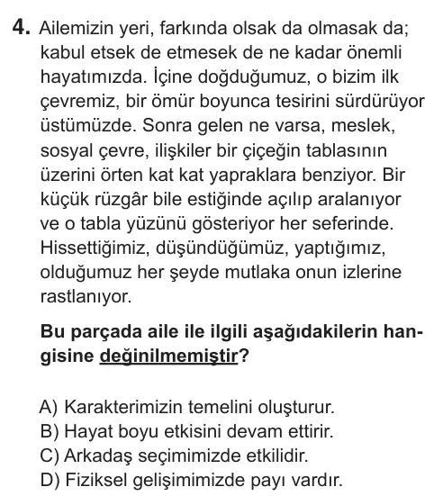 9, 10, 11. Sınıf Türk Dili ve Edebiyatı 2018 İOKBS Bursluluk Sınavı 4. Soru görseli