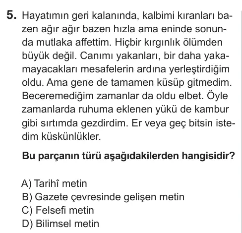 9, 10, 11. Sınıf Türk Dili ve Edebiyatı 2018 İOKBS Bursluluk Sınavı 5. Soru görseli