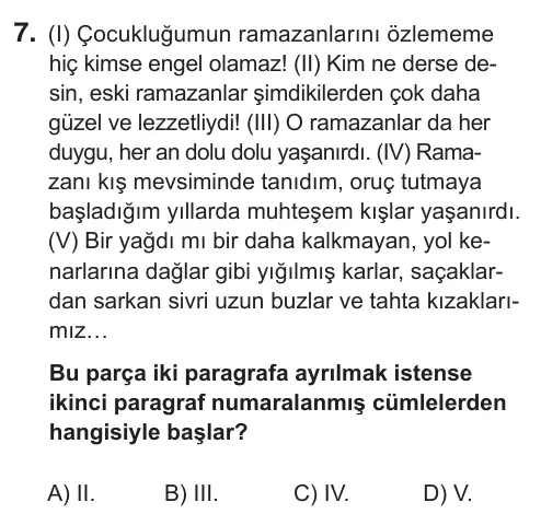 9, 10, 11. Sınıf Türk Dili ve Edebiyatı 2018 İOKBS Bursluluk Sınavı 7. Soru görseli
