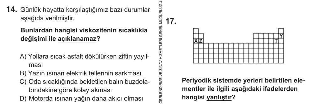 9, 10, 11. Sınıf Fen Bilimleri 2018 İOKBS Bursluluk Sınavı 14. Soru görseli