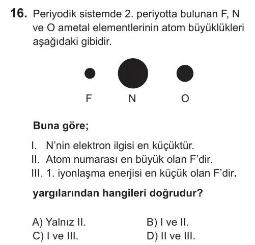 9, 10, 11. Sınıf Fen Bilimleri 2018 İOKBS Bursluluk Sınavı 16. Soru görseli