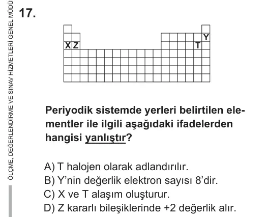 9, 10, 11. Sınıf Fen Bilimleri 2018 İOKBS Bursluluk Sınavı 17. Soru görseli