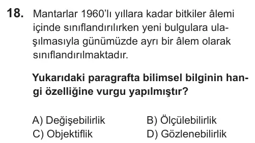 9, 10, 11. Sınıf Fen Bilimleri 2018 İOKBS Bursluluk Sınavı 18. Soru görseli