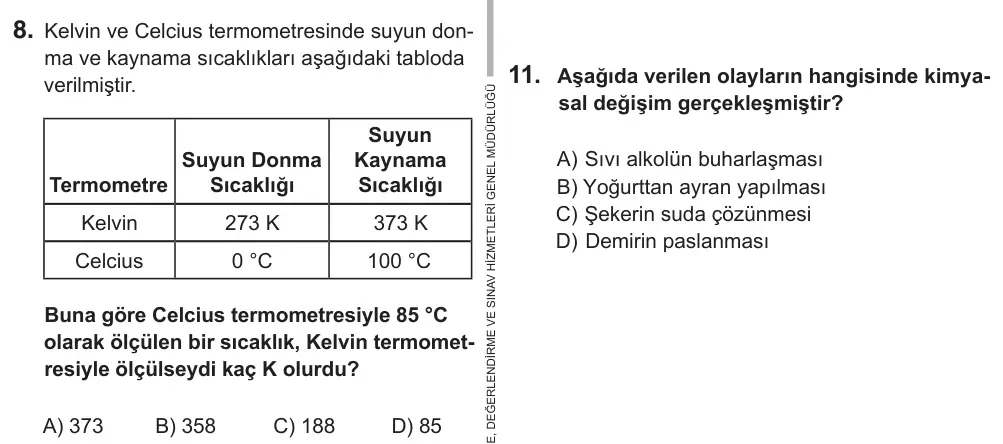 9, 10, 11. Sınıf Fen Bilimleri 2018 İOKBS Bursluluk Sınavı 8. Soru görseli