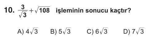 9, 10, 11. Sınıf Matematik 2018 İOKBS Bursluluk Sınavı 10. Soru görseli