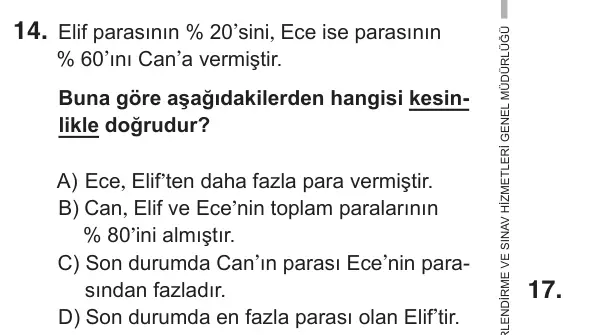 9, 10, 11. Sınıf Matematik 2018 İOKBS Bursluluk Sınavı 14. Soru görseli