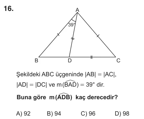 9, 10, 11. Sınıf Matematik 2018 İOKBS Bursluluk Sınavı 16. Soru görseli