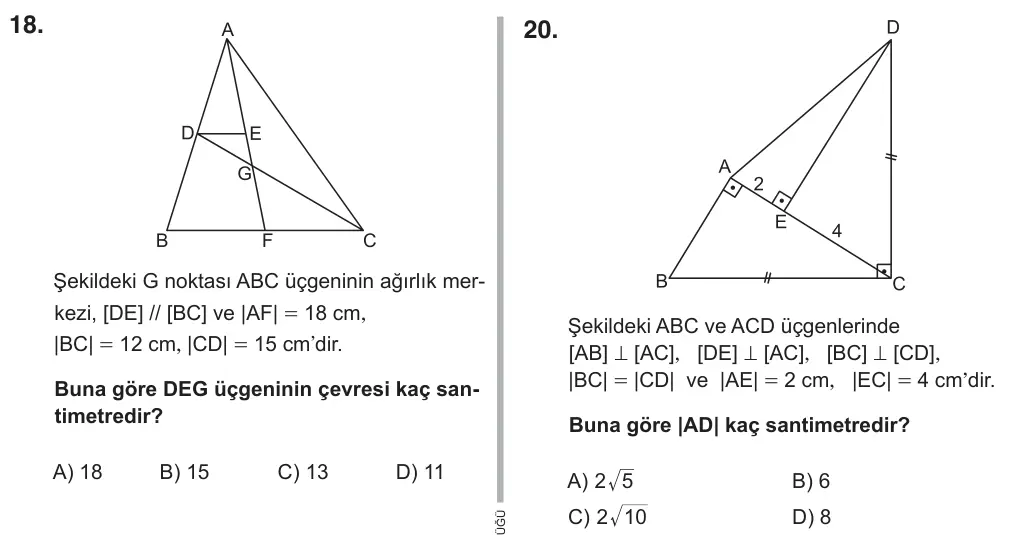9, 10, 11. Sınıf Matematik 2018 İOKBS Bursluluk Sınavı 20. Soru görseli
