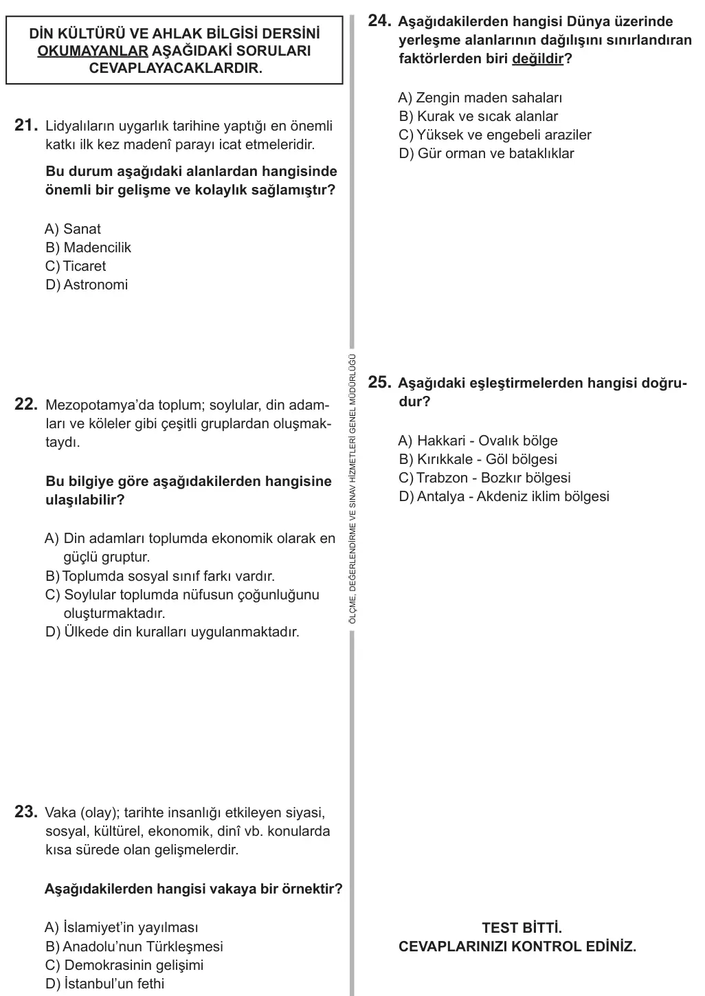 9, 10, 11. Sınıf Sosyal Bilgiler 2018 İOKBS Bursluluk Sınavı 25. Soru görseli (2/3)