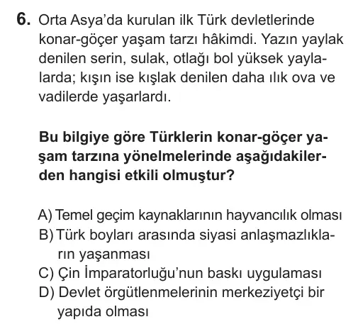 9, 10, 11. Sınıf Sosyal Bilgiler 2018 İOKBS Bursluluk Sınavı 6. Soru görseli