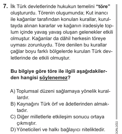 9, 10, 11. Sınıf Sosyal Bilgiler 2018 İOKBS Bursluluk Sınavı 7. Soru görseli